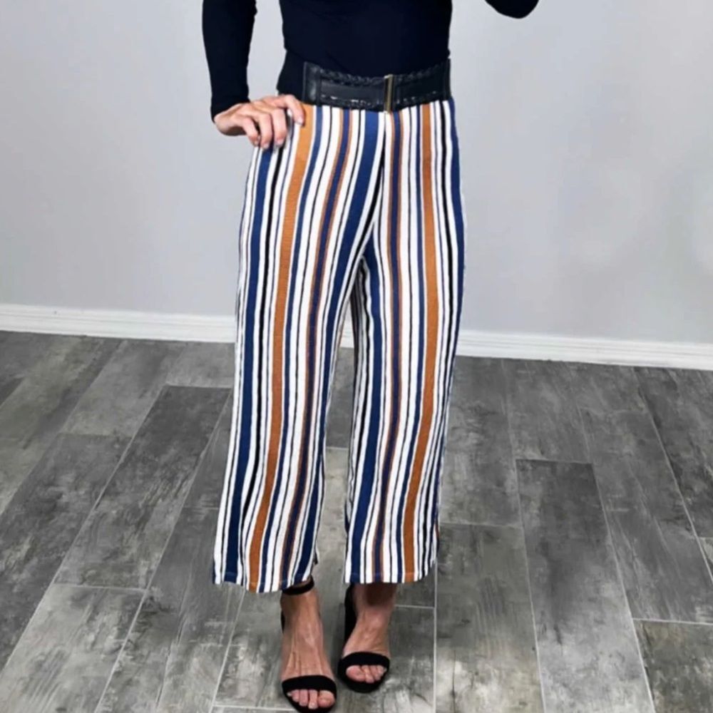 Love Tree Women's Cropped Palazzo Pants Blue/Brown Stripes Sz. Medium Wide Leg